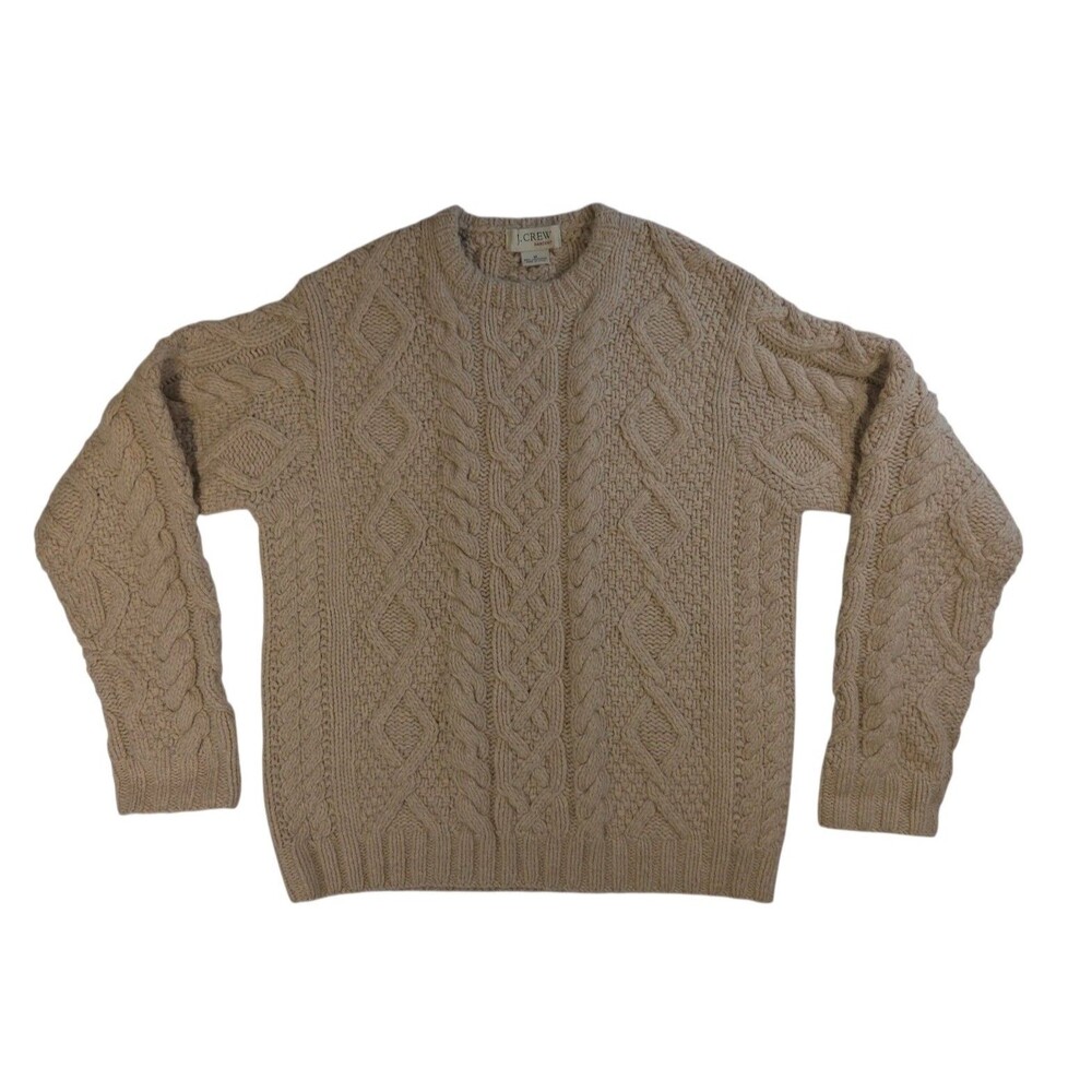J Crew Sweater Womens M Chunky Knit Lambswool Preppy Fisherman Tan Beige Lattice - Picture 2 of 11